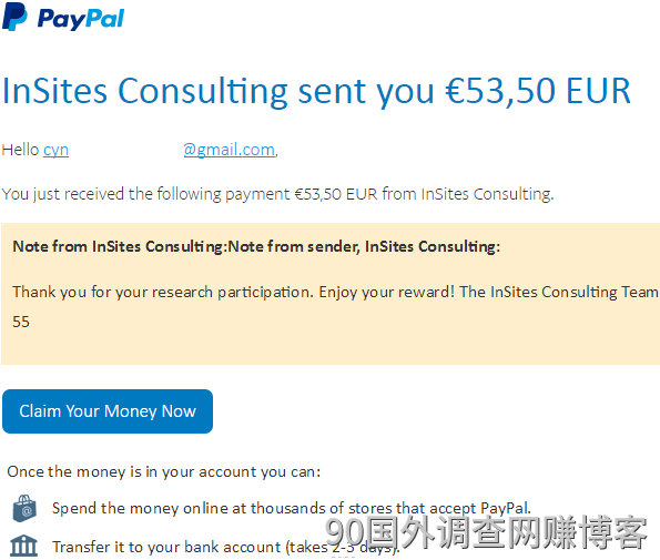 2018 年，InSites Consulting PayPal 到账 1 万多欧元的收款记录截图