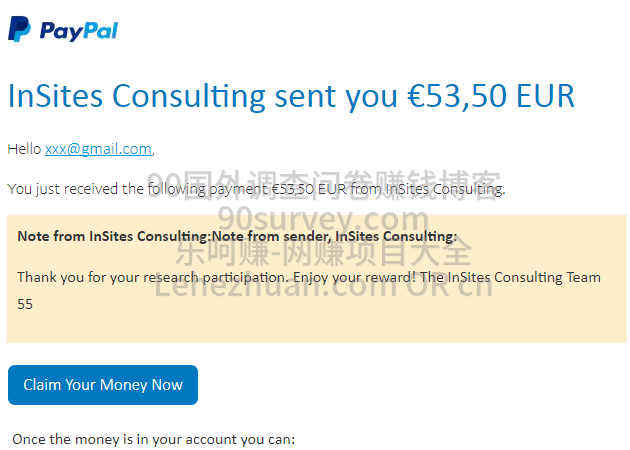 2023 年，InSites Consulting PayPal 到账 53 欧元的收款记录截图