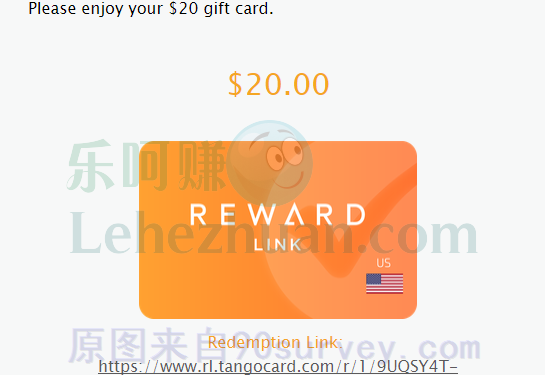 2022 年，口子查 Tango Card 到账 20 美元的收款记录截图