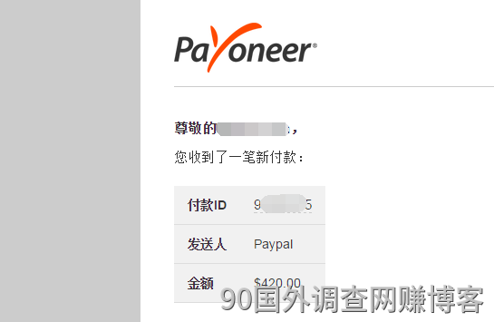 2018 年，PayPal 余额提到 Payoneer 到账 420 美元的收款记录截图