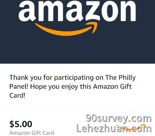 2020 年，The Philly Panel Amazon 礼品卡到账 5 美元的收款记录截图