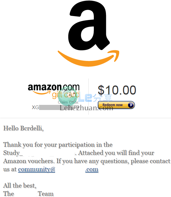 2019 年，Recollective Amazon 礼品卡到账 1000 美元的收款记录截图