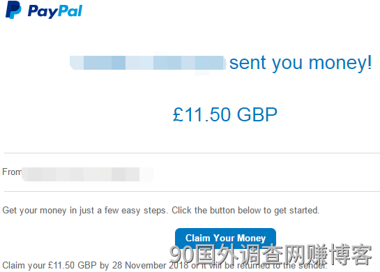2018 年，国外调查资源站到账 上千英镑的收款记录截图