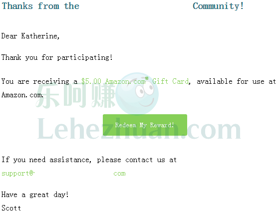 2019 年，国外调查资源站 Amazon 礼品卡到账 5 美元的收款记录截图