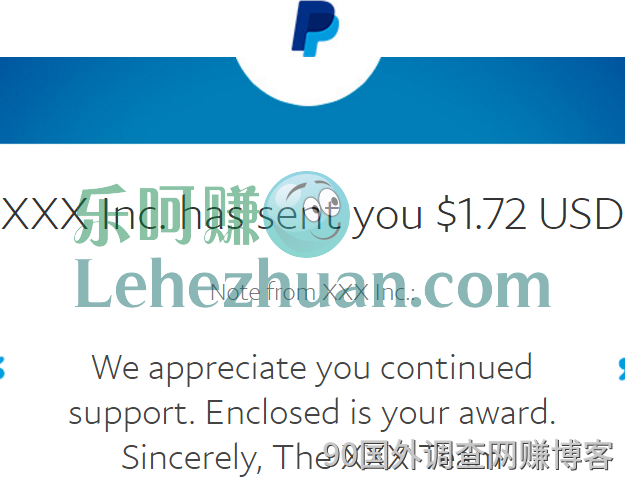 2019 年，国外调查网站 PayPal 到账 1.72 美元的收款记录截图