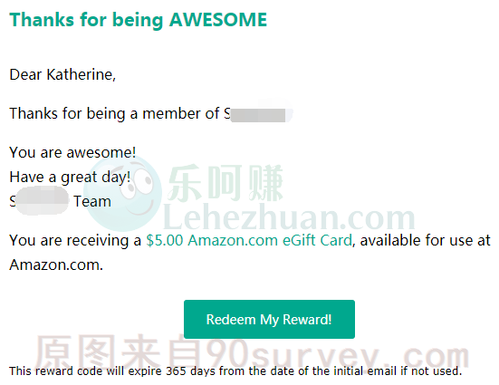 2022 年，国外调查资源站 Amazon 礼品卡到账 5 美元的收款记录截图
