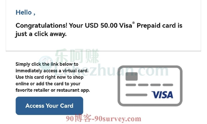 2022 年，国外问卷社区 虚拟 Visa 卡到账 50 美元的收款记录截图