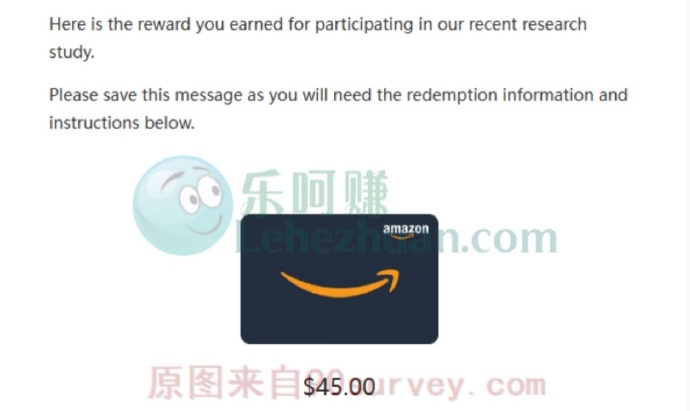 2023 年，国外调查社区 Amazon 礼品卡到账 45 美元的收款记录截图