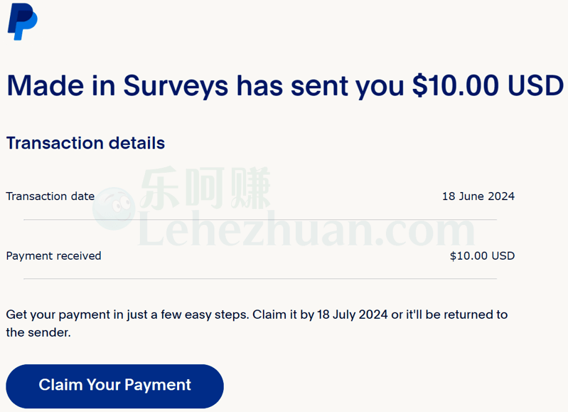 2024 年，国外调查资源站 PayPal 到账 10 美元的收款记录截图